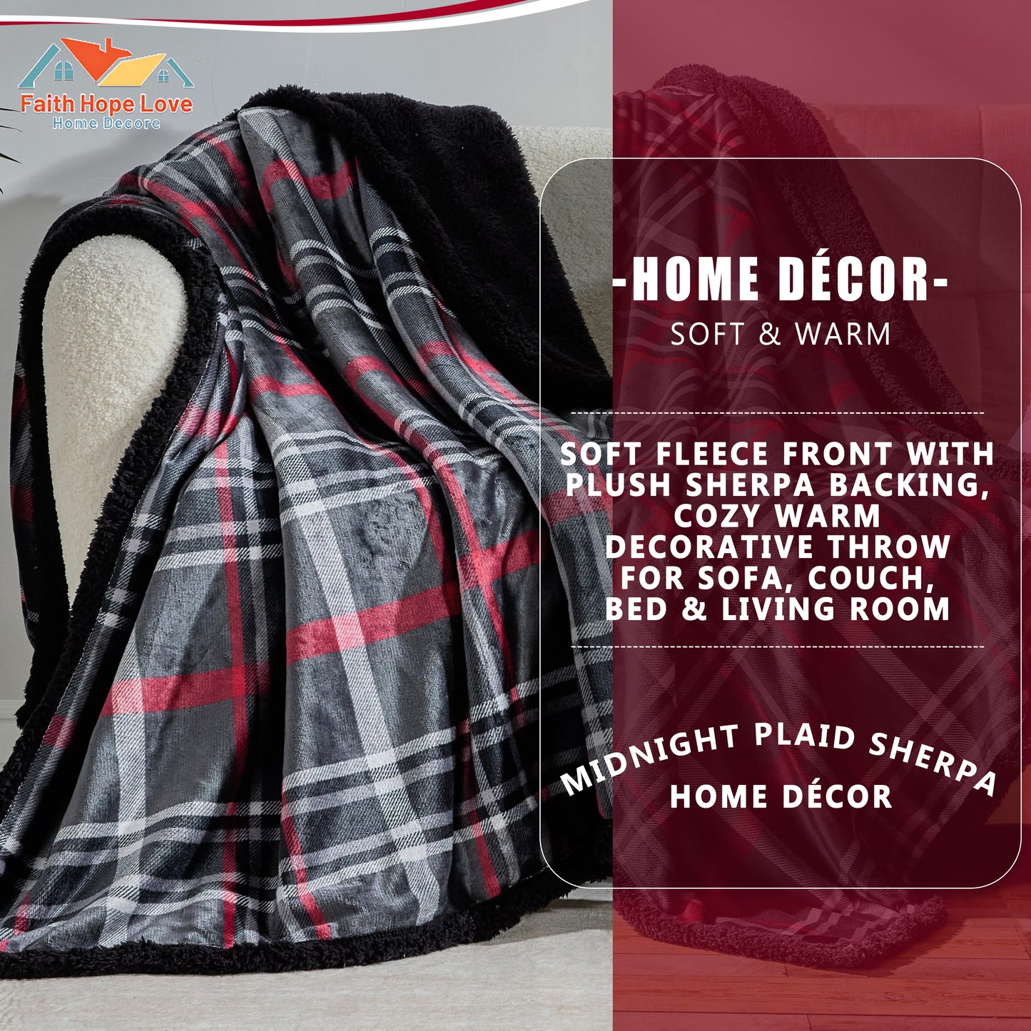 FAITH, HOPE, LOVE HOME DÉCOR Midnight Plaid Sherpa Throw Blanket 50 x 60 Inches – Soft Fleece Front with Plush Sherpa Backing, Cozy Warm Decorative Throw for Sofa, Couch, Bed & Living Room