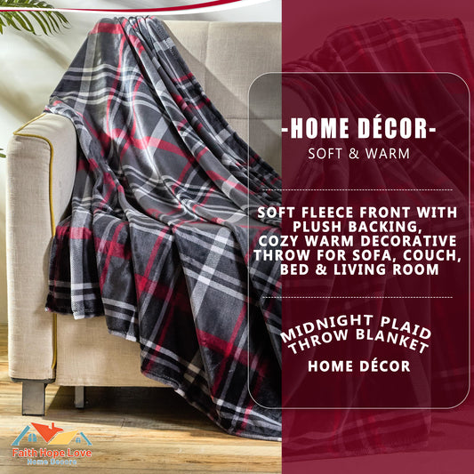 FAITH, HOPE, LOVE HOME DÃCOR Midnight Plaid Throw Blanket 50 x 60 Inches" Soft Fleece Front with Plush Backing, Cozy Warm Decorative Throw for Sofa, Couch, Bed & Living Room