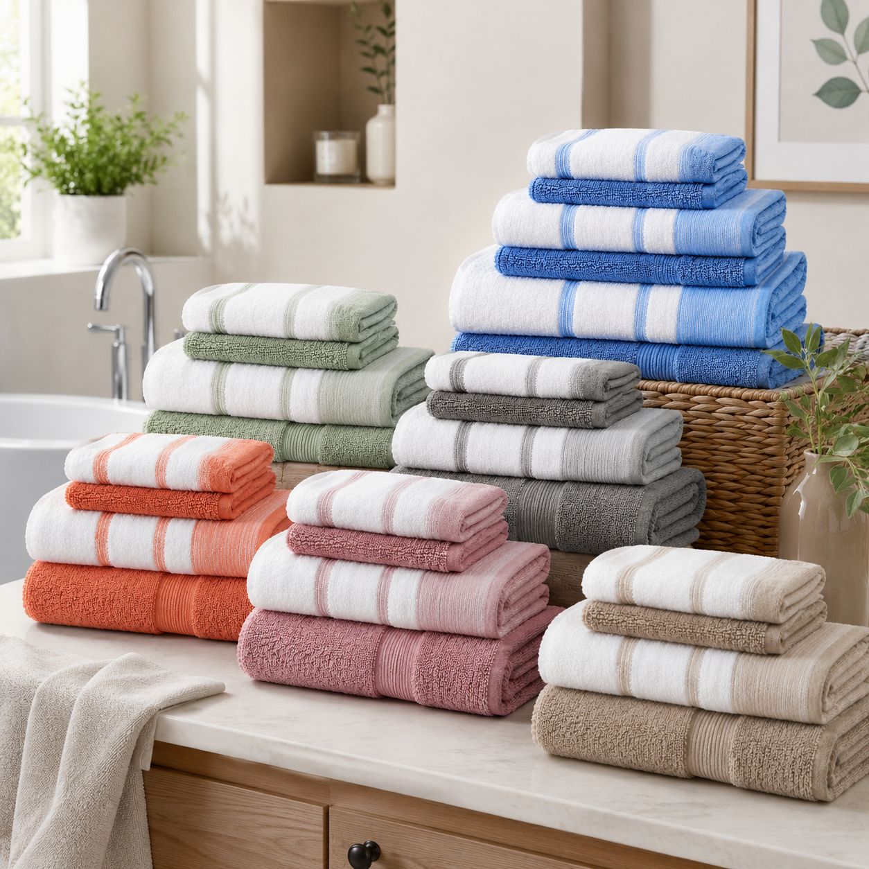 6-Piece Two-Tone Towel Set – 100% Zero Twist Cotton Bath Towels, Hand Towels & Washcloths | 6 Colors