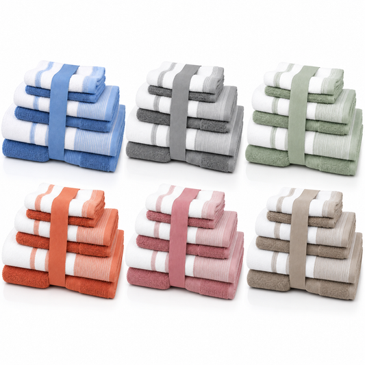 6-Piece Two-Tone Towel Set – 100% Zero Twist Cotton Bath Towels, Hand Towels & Washcloths | 6 Colors