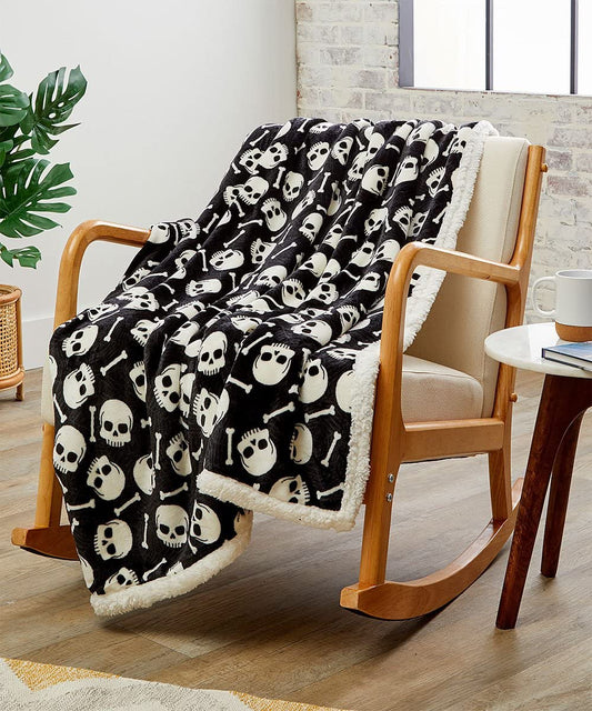 Skull & Bones Black Sherpa Throw Blanket Soft & Cozy Fleece, Gothic Skeleton Design, 50" x 60
