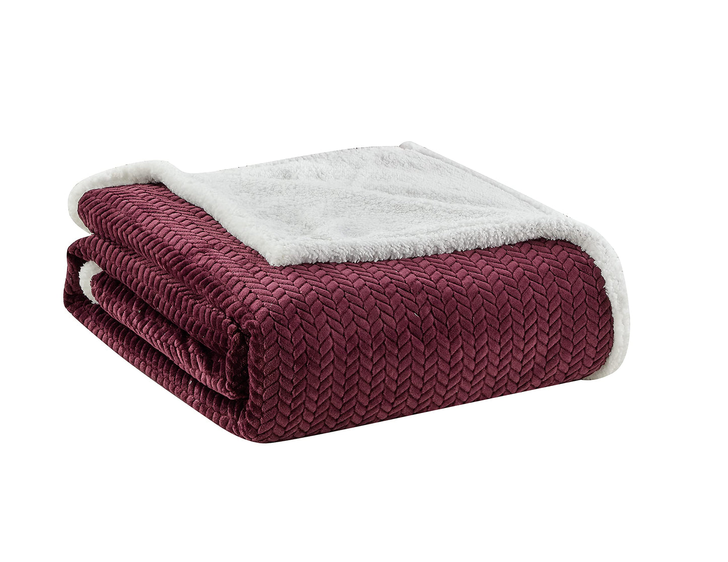 Decor&More HomeEssentials Extra Heavy and Plush Chevron Braided King Size Microplush Jacquard Blanket with Sherpa Backing (108" x 90") - Burgundy
