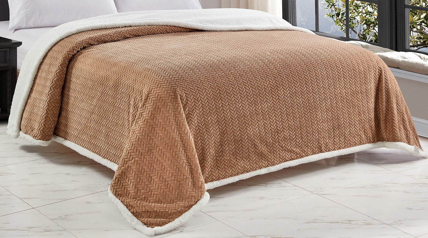 Decor&More HomeEssentials Extra Heavy and Plush Chevron Braided King Size Microplush Jacquard Blanket with Sherpa Backing (108" x 90") - Burgundy