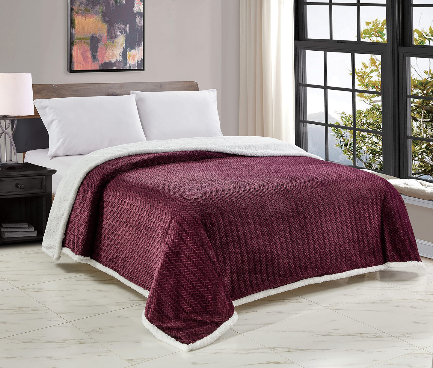 Decor&More HomeEssentials Extra Heavy and Plush Chevron Braided King Size Microplush Jacquard Blanket with Sherpa Backing (108" x 90") - Burgundy