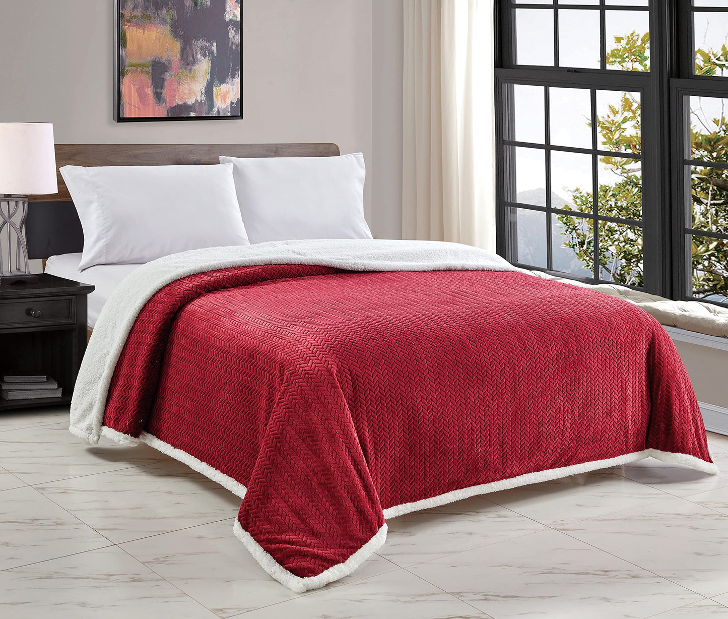 Decor&More HomeEssentials Extra Heavy and Plush Chevron Braided King Size Microplush Jacquard Blanket with Sherpa Backing (108" x 90") - Burgundy