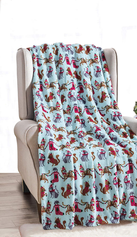 Faith, Hope, Love Home Decor Home Essentials Ultra Soft Blue Christmas Cats Holiday Throw Blanket (50" X 60")