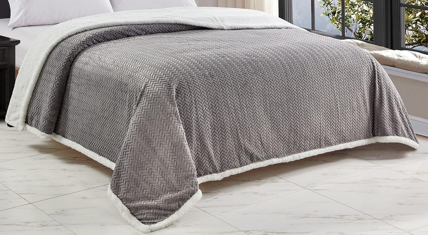 Decor&More HomeEssentials Extra Heavy and Plush Chevron Braided King Size Microplush Jacquard Blanket with Sherpa Backing (108" x 90") - Burgundy
