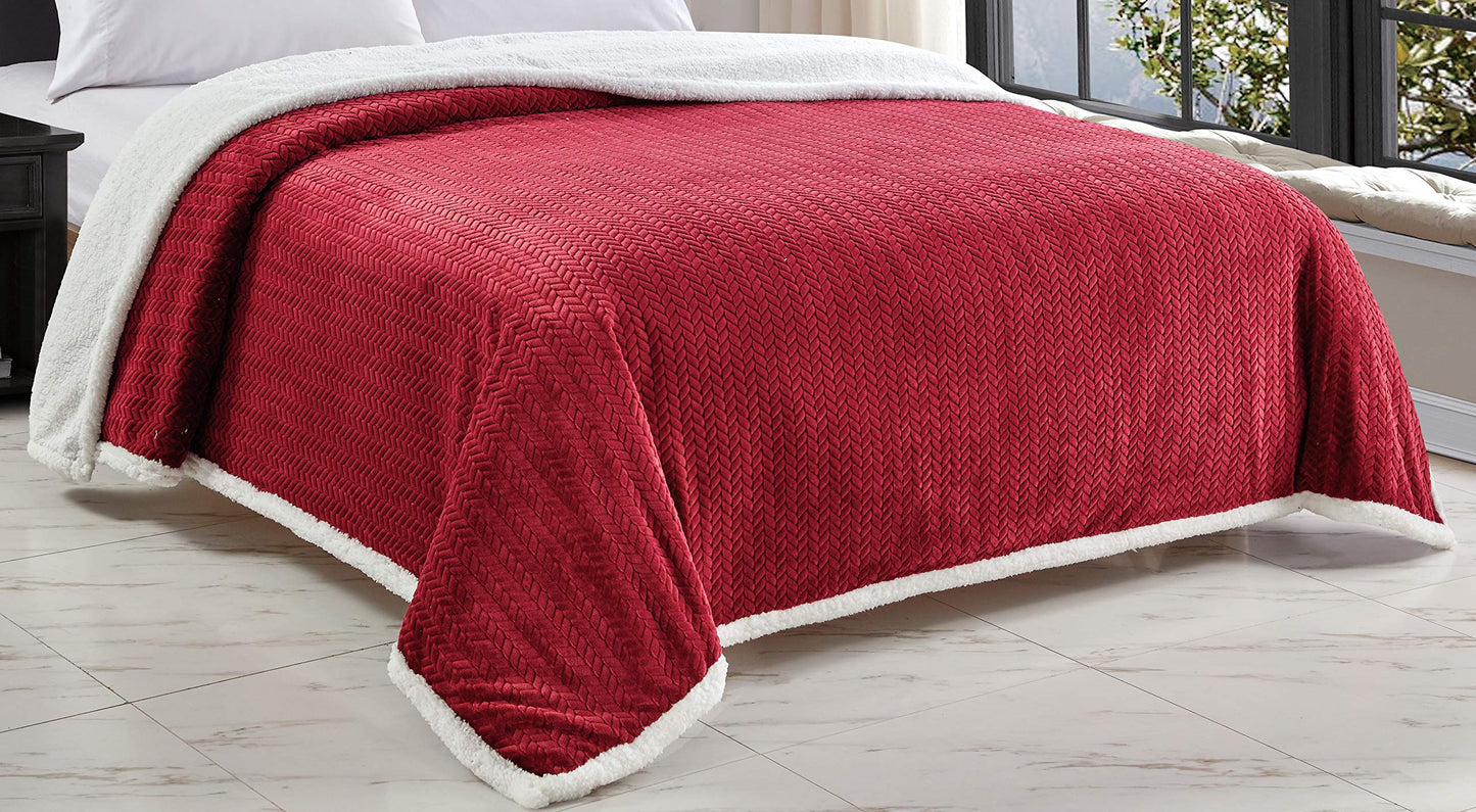 Decor&More HomeEssentials Extra Heavy and Plush Chevron Braided King Size Microplush Jacquard Blanket with Sherpa Backing (108" x 90") - Burgundy