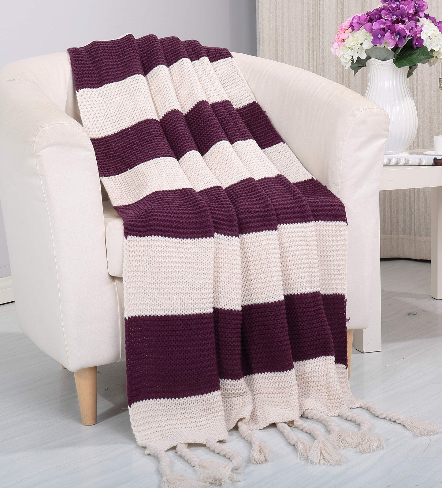 NobleHouse Soft Touch Classic Woven Knitted 2-Tone Throw Blanket with Fringes (50" x 60")