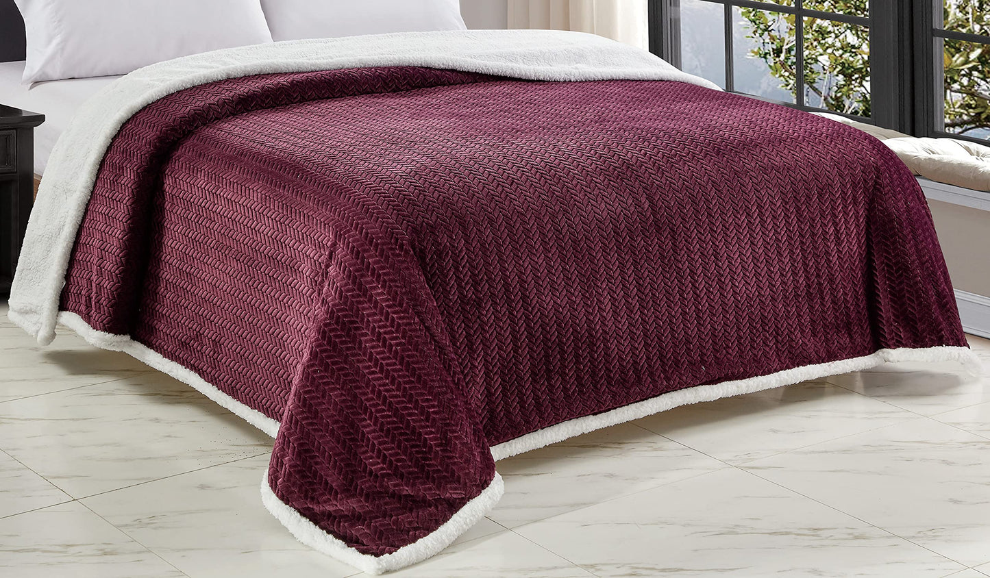 Decor&More HomeEssentials Extra Heavy and Plush Chevron Braided King Size Microplush Jacquard Blanket with Sherpa Backing (108" x 90") - Burgundy