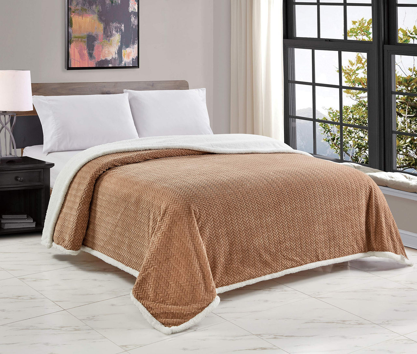 Decor&More HomeEssentials Extra Heavy and Plush Chevron Braided King Size Microplush Jacquard Blanket with Sherpa Backing (108" x 90") - Burgundy