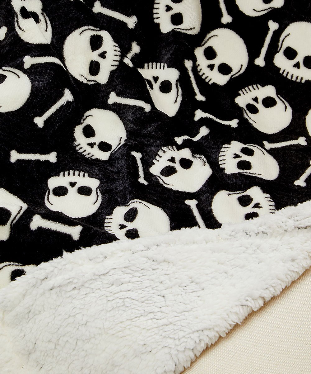 Skull & Bones Black Sherpa Throw Blanket Soft & Cozy Fleece, Gothic Skeleton Design, 50" x 60