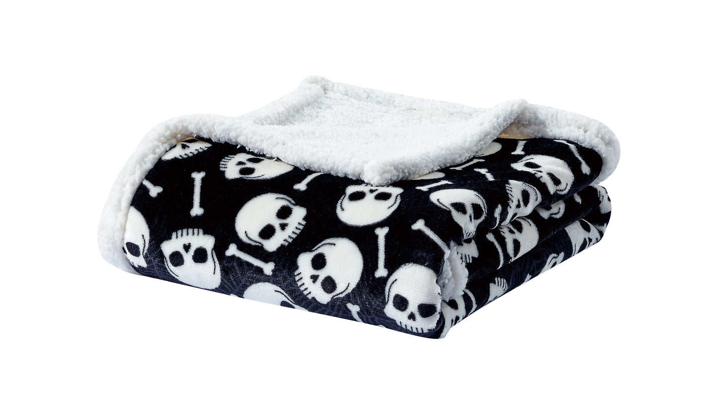 Skull & Bones Black Sherpa Throw Blanket Soft & Cozy Fleece, Gothic Skeleton Design, 50" x 60