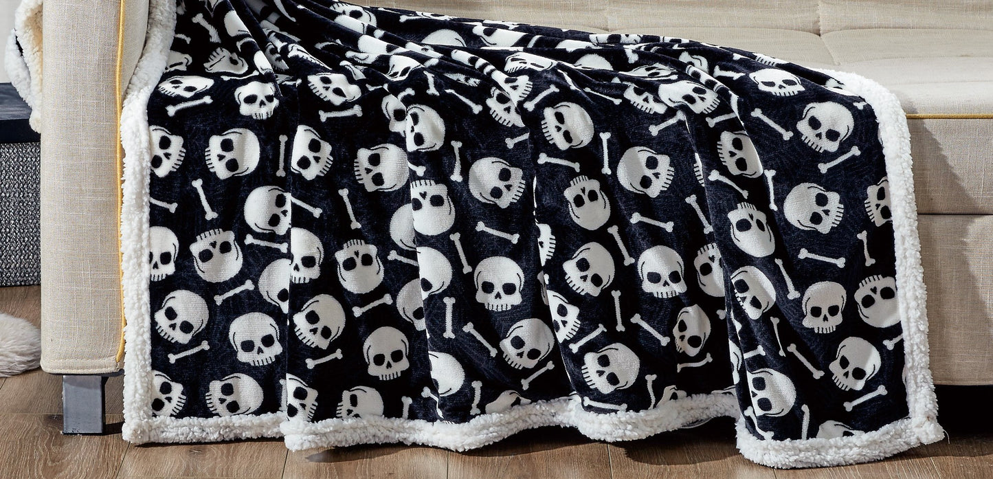 Skull & Bones Black Sherpa Throw Blanket Soft & Cozy Fleece, Gothic Skeleton Design, 50" x 60