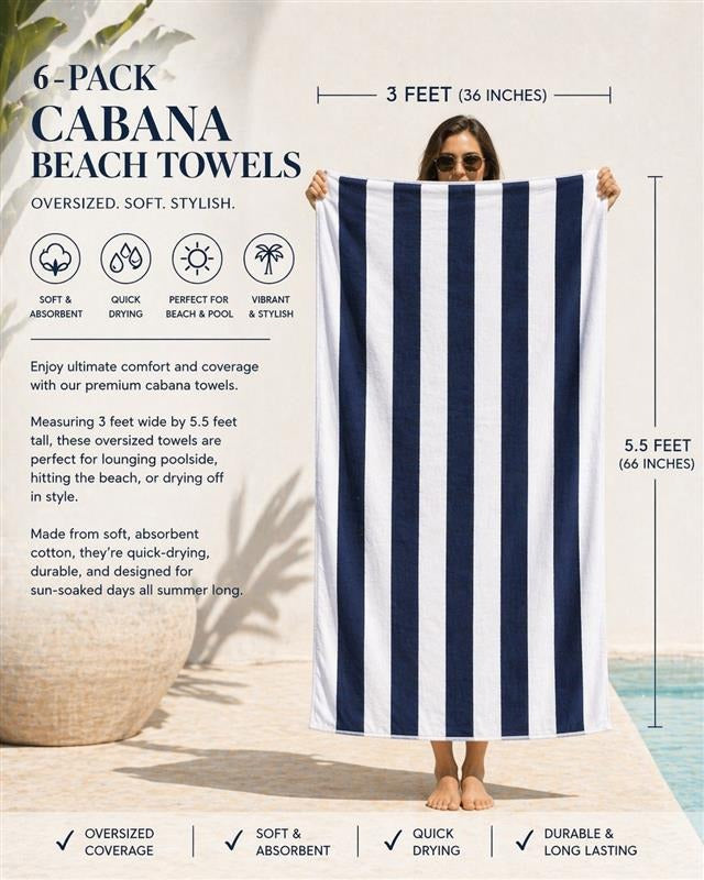 FAITH, HOPE, LOVE HOME DÉCOR CABANA Stripe Beach Towels, Oversized 36x66 Cotton Towels, Soft Absorbent Quick Dry Pool Towels for Beach, Bath, Pool, Spa