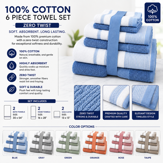 6-Piece Two-Tone Towel Set – 100% Zero Twist Cotton Bath Towels, Hand Towels & Washcloths | 6 Colors