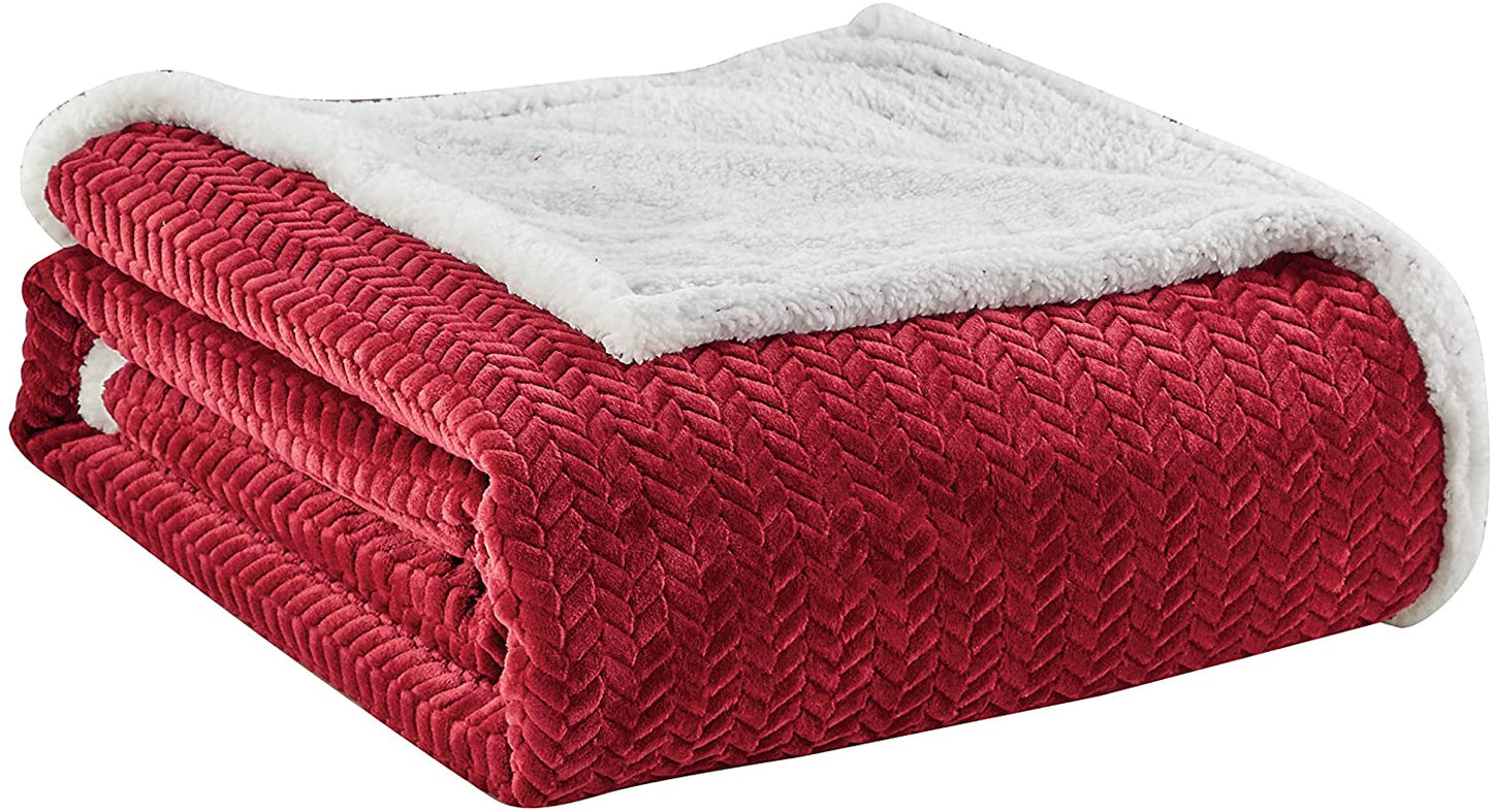 Décor&More HomeEssentials Extra Heavy and Plush Chevron Braided King Size Microplush Jacquard Blanket with Sherpa Backing (108" x 90") - Burgundy