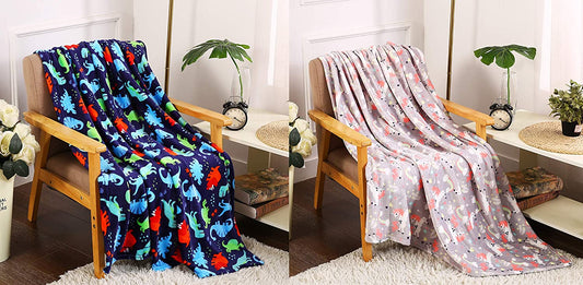 Decor&More Boy's and Girl's Set of 2 Plush Fleece Throw Blanket (50" x 60") - Dinos and Unicorns