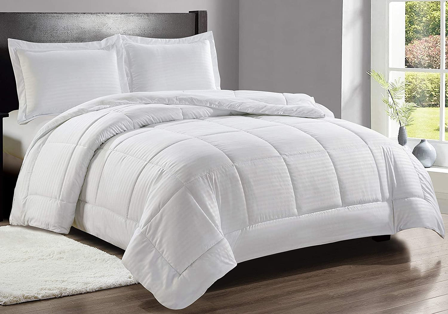 Decor&More Home Essentials Full/Queen Size Reversible Down Alternative Embossed Stripe Comforter (86" x 86") - White