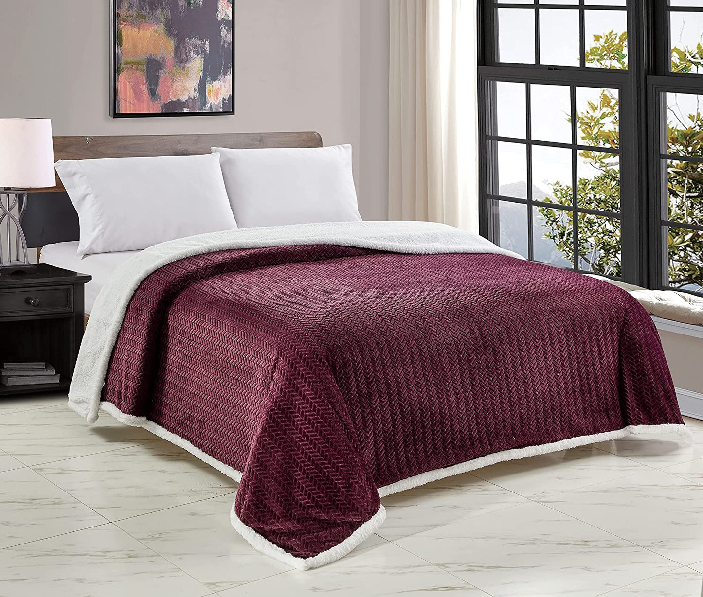 Décor&More HomeEssentials Extra Heavy and Plush Chevron Braided King Size Microplush Jacquard Blanket with Sherpa Backing (108" x 90") - Burgundy