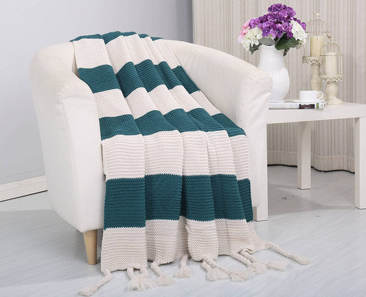 NobleHouse Soft Touch Classic Woven Knitted 2-Tone Throw Blanket with Fringes (50" x 60")