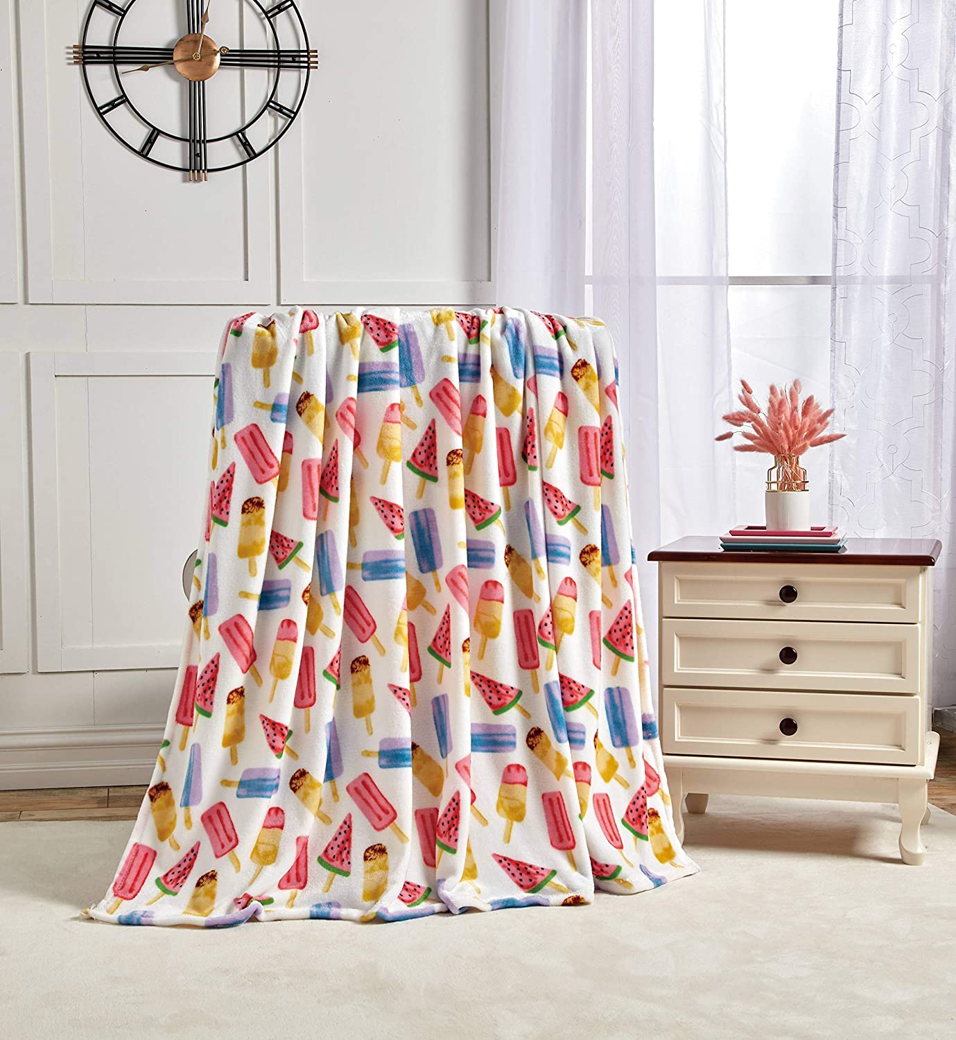 Summertime Fun by Decor&More Extra Soft Throw Blanket (50" x 60") - Ice Cream, Popsicles & Watermelon for Boys and Girls and Kids of Any Age