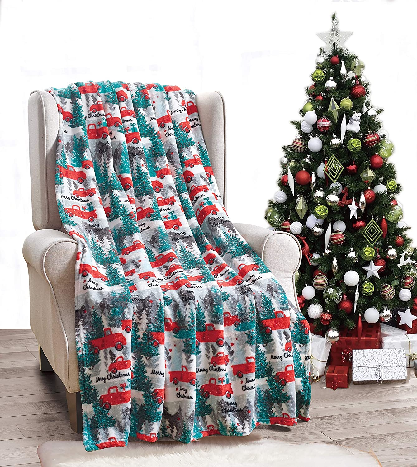 Décor&More Festive Holiday Microplush Throw Blanket (50" x 60") - Christmas Pickup Truck Blanket - Cozy Red Truck Christmas Blanket