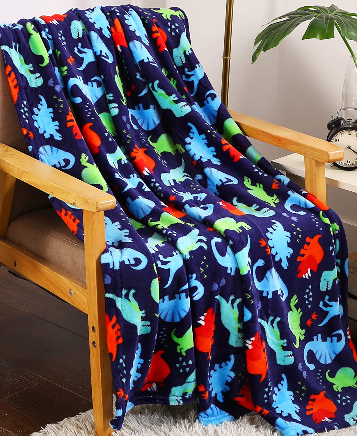 Summertime Whimsy Plush Fleece Kid Throw Blanket (50" x 60") - Dino Time - Soft Dinosaur Throw Blanket - for Boys and Girls and Kids of Any Age