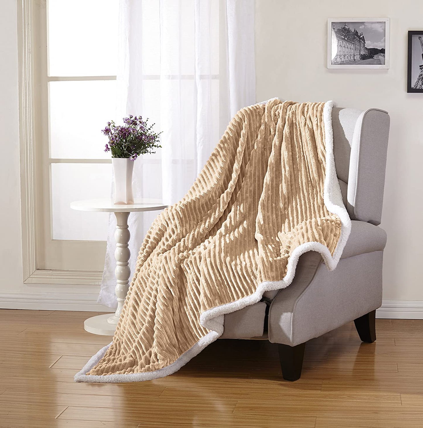 Décor&More Ultra Lush Reversible Sherpa Corduroy Throw Blanket (50" x 60") - Taupe