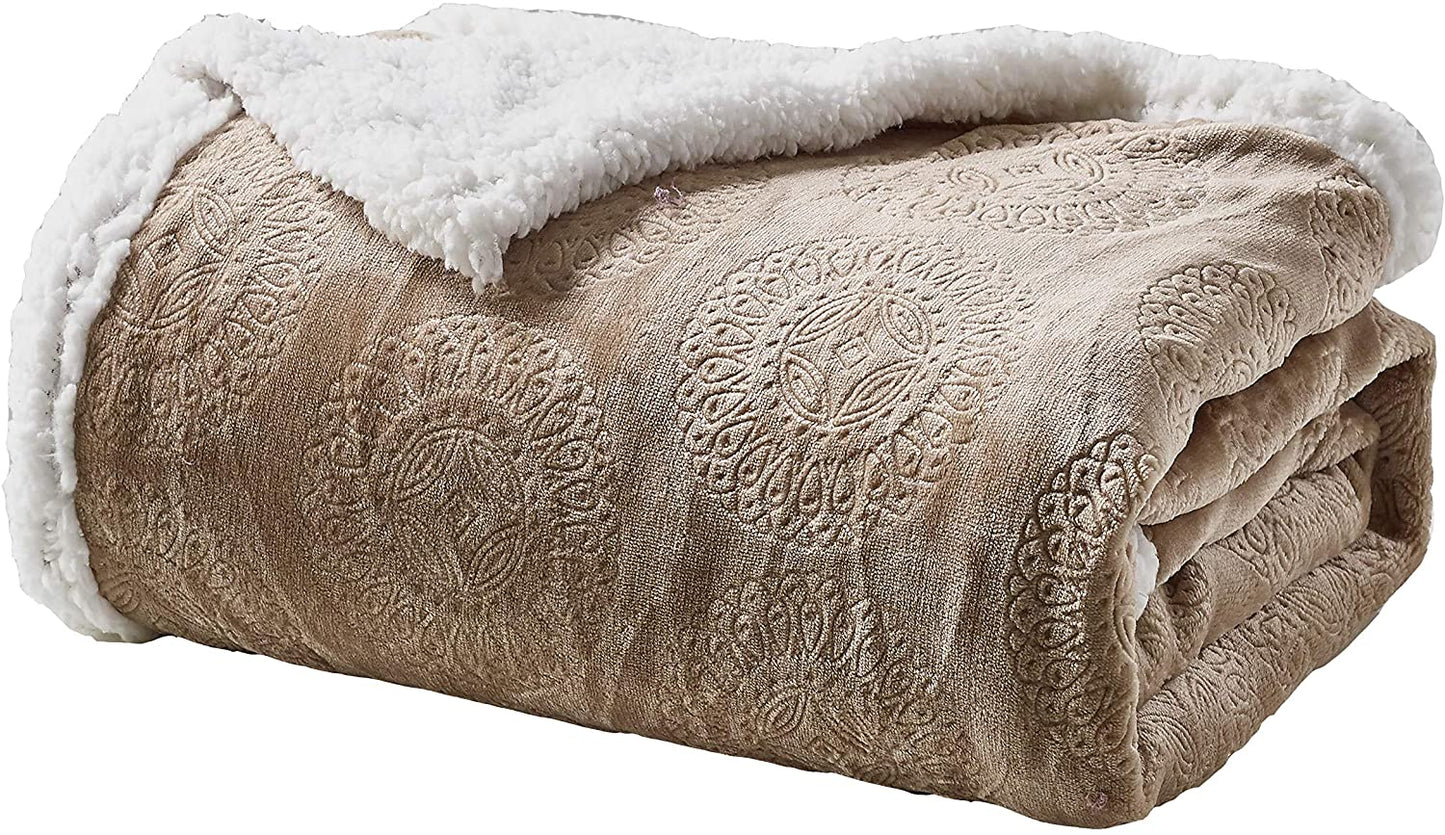 Décor&More Bon Iver Collection Extra Soft Mandala Embossed Microplush Throw Blanket with Sherpa Backing (50" x 60")