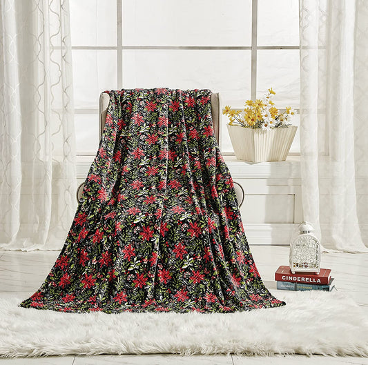 Poinsettia Oversized Jacquard Luxe Plush Holiday Throw Blanket (50" x 70")